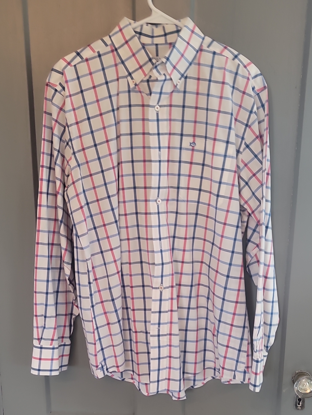 Southern Tide White Dress Shirt with Blue and Pink Windowpane Check